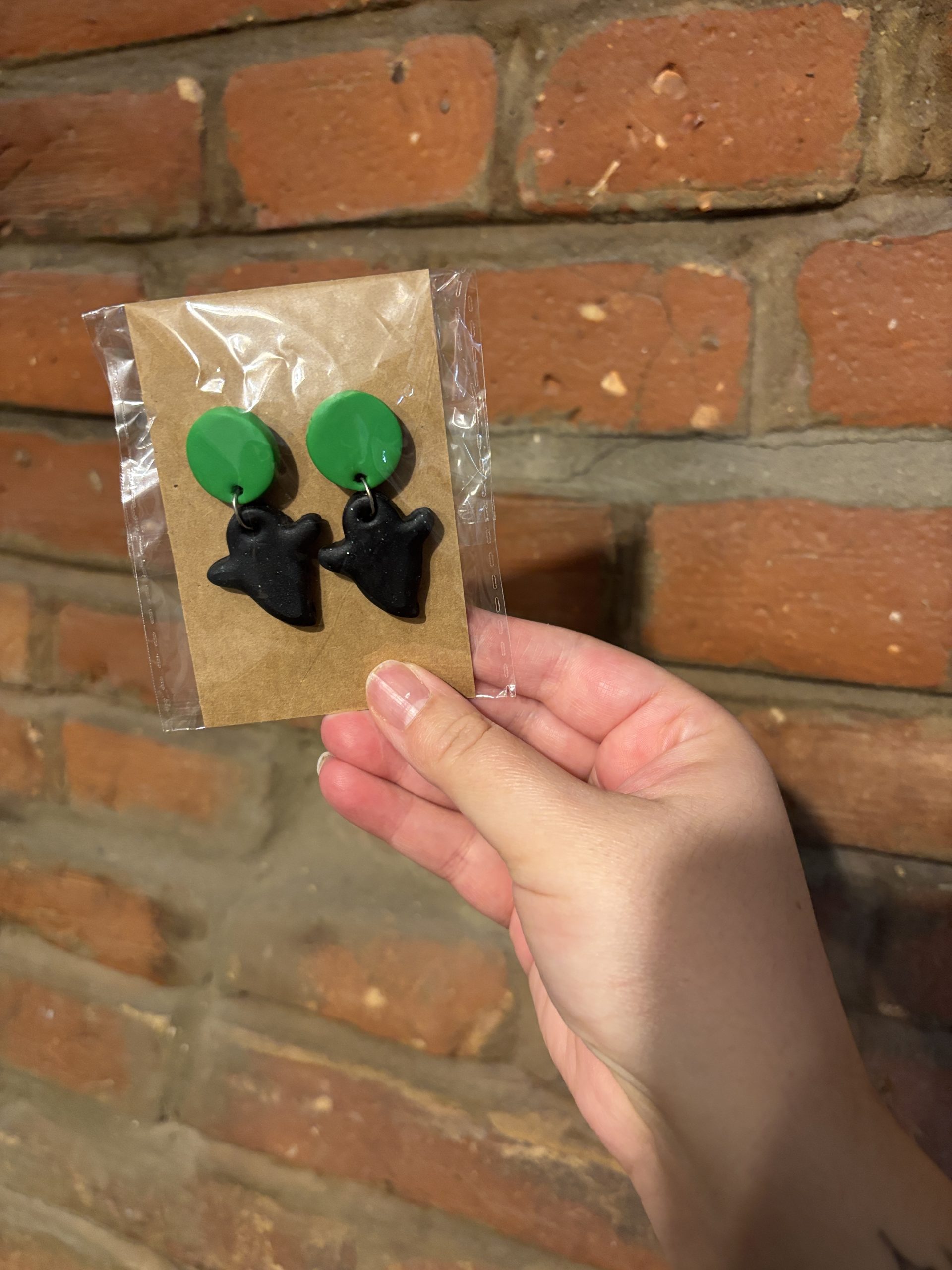 Ghost polymer clay earrings in packaging