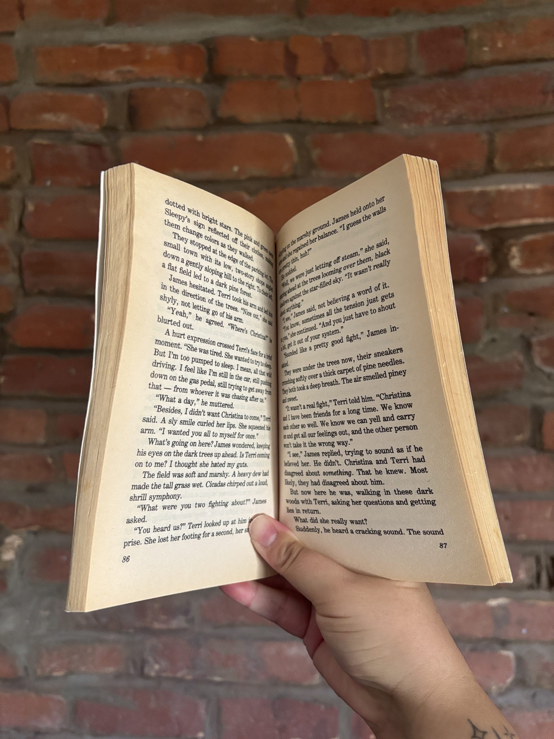 Open copy of The Hitchhiker by R.L. Stine showing pages from the teen horror thriller